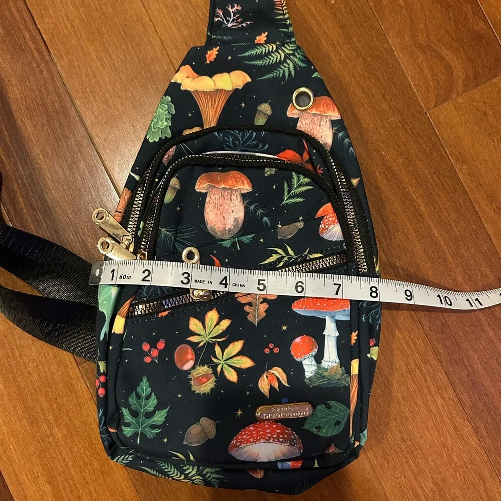 Floral and Mushroom Patterned Black Sling Bag - Picture 6 of 7